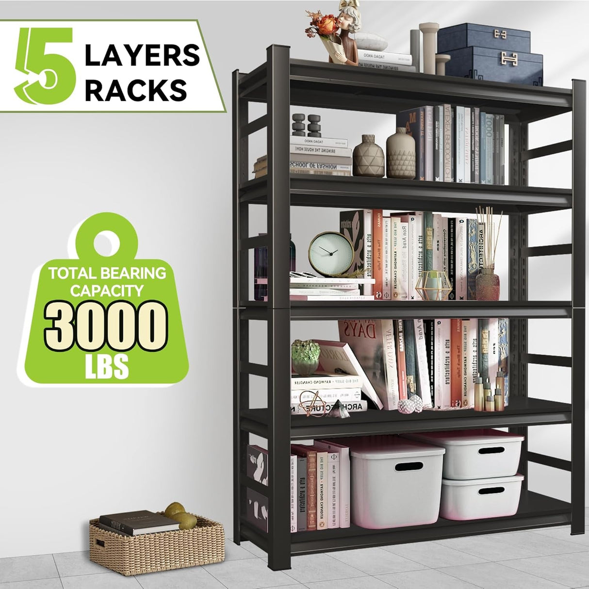Book Shelf, 5 Tier Metal Wide Book Shelves, Heavy Duty Bookcase, Adjustable Bookshelf, Tall Book Shelf for Living Room & Bedroom and Library, Black Book Shelf (35.4" W*16" D*72" H)