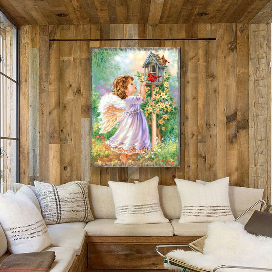 Arte mural de madera "Ángeles cerca" de D. Gelsinger - Decoración navideña para la Natividad - 95678B-DG