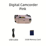 1080P Portable Digital Camcorder, Rotate Screen Digital Camera With Rechargeable Battery And 32G Memory Card Support Selfie, Suitable For Travel Photograph And Friend Gathering And Growth Recording