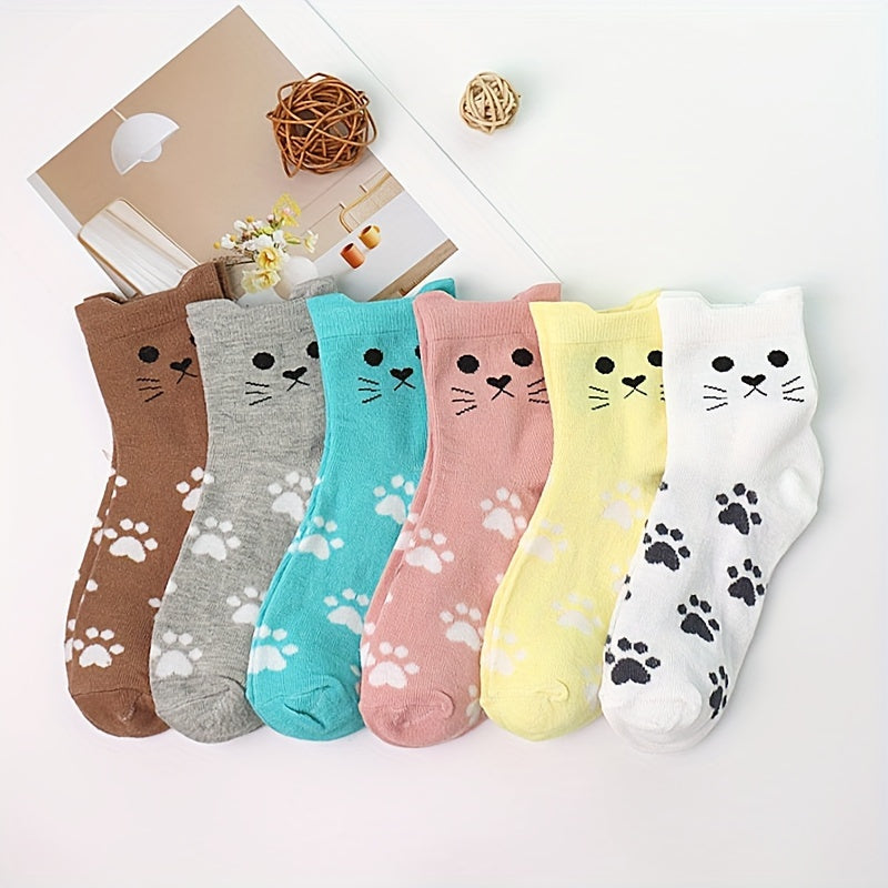 6pcs Cute Cartoon Cat & Paw Print Mid-Calf Socks for Women - Soft Polyester Blend, Machine Washable, Short Socks