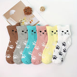 6pcs Cute Cartoon Cat & Paw Print Mid-Calf Socks for Women - Soft Polyester Blend, Machine Washable, Short Socks