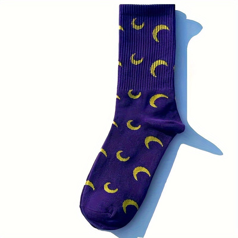 1 Pair Moon Pattern Trendy Y2K Hip Hop Socks, Casual Versatile Soft Comfortable Outdoor Sports Socks