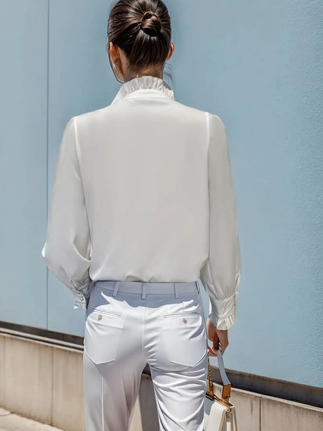 Fashionable Stand-up Collar Long-sleeved Shirt With Lotus Leaf Hem - Lootquake