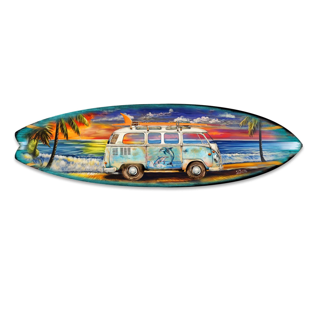 Surf Van en la playa, tabla de surf, arte mural costero de G. DeBrekht - Decoración navideña costera - 8490120-2HS