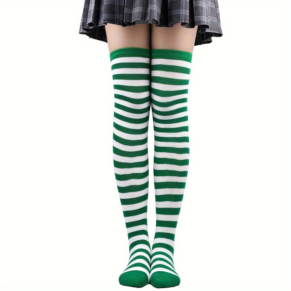 Calcetines hasta la rodilla con rayas vibrantes: calcetines hasta la pantorrilla para mujer, ideales para festivales de música, fiestas de cosplay y cualquier estilo. Medias suaves, elásticas y cómodas para usar todo el día.