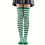 Calcetines hasta la rodilla con rayas vibrantes: calcetines hasta la pantorrilla para mujer, ideales para festivales de música, fiestas de cosplay y cualquier estilo. Medias suaves, elásticas y cómodas para usar todo el día.