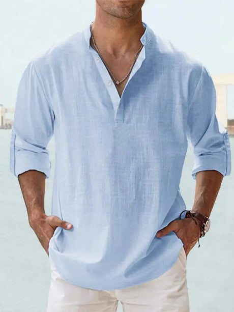 Men's Linen Stand-up Collar Long Sleeve T-shirt Loose Undershirt - Lootquake