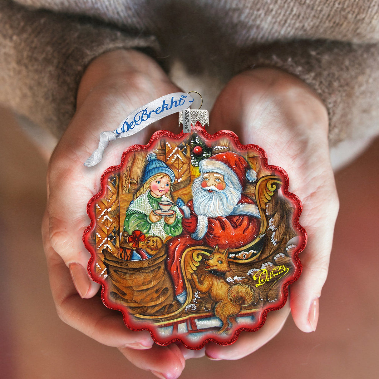 Santas Arrival Wreath Glass Ornament by G. DeBrekht - Christmas Santa Snowman Decor - 759-039