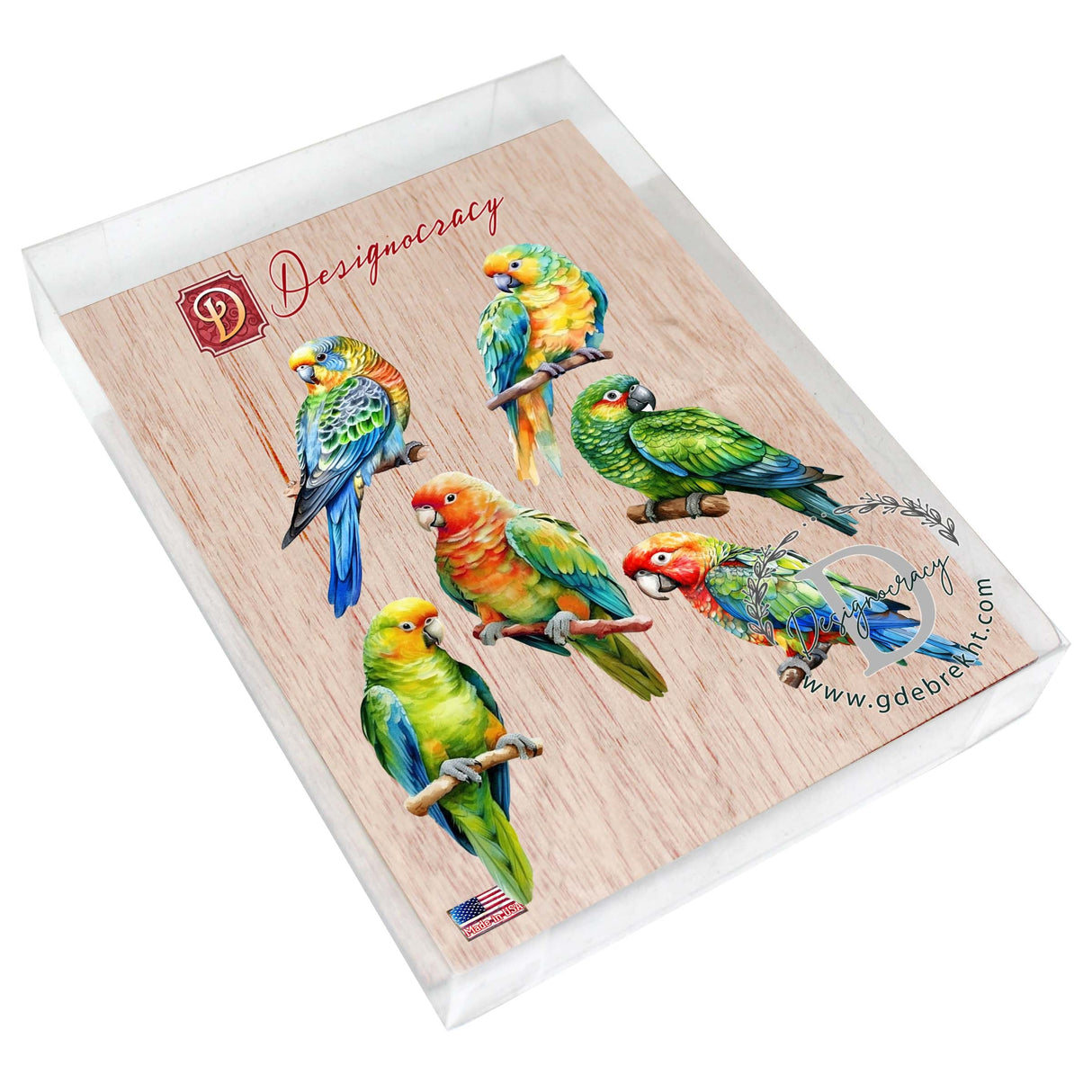 Juego de 6 imanes decorativos de madera con forma de loros de G. Debrekht - Decoración de vida silvestre - 8090013G-S6