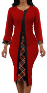 Womens African Print Dress Church Dresses Work Business Bodycon Sleeve Round Neck Red Pencil Dresses - Lootquake
