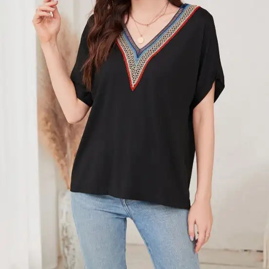 Women's Loose Fit Short Sleeved Breathable Casual Lace V-neck Shirt Top - Lootquake