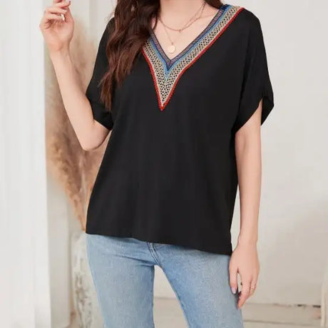 Women's Loose Fit Short Sleeved Breathable Casual Lace V-neck Shirt Top - Lootquake