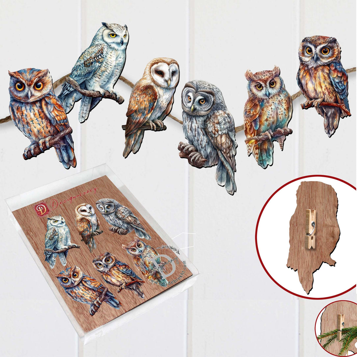Night Owls Decorative Wooden Clip-on Ornaments of 6 by G. Debrekht - Christmas Decor - 8090004C-S6