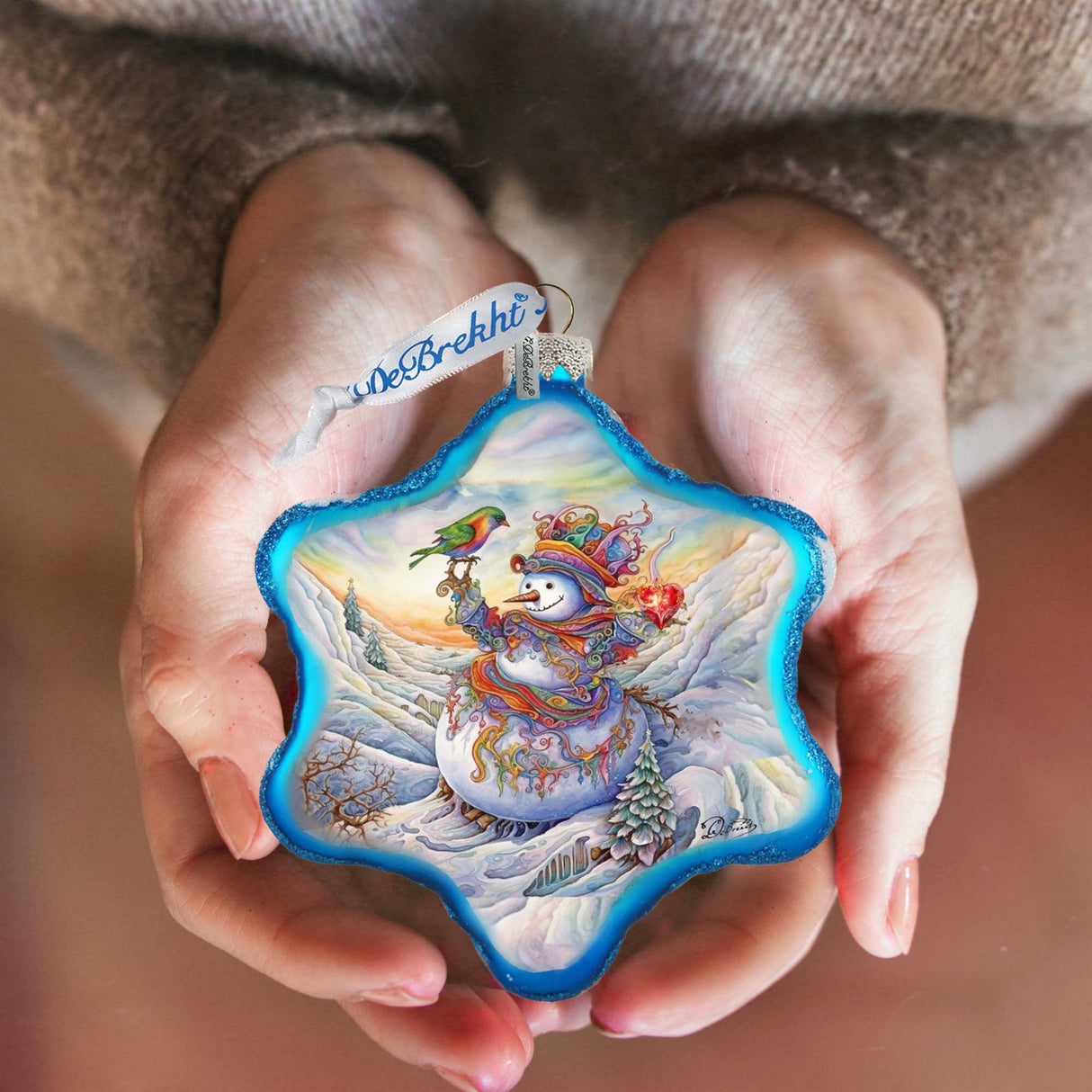 Festive Frosty Friend Snowflake Glass Ornament by G. Debrekht - Christmas Santa Snowman Decor - 754-045