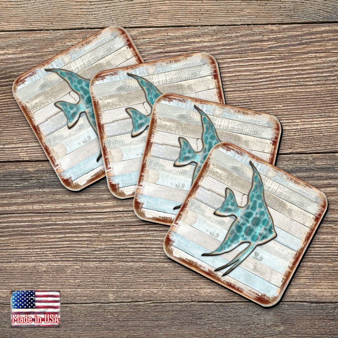 Fish Coastal Wooden Cork Coasters Gift Set of 4 by Nature Wonders - Coastal Sea-Life Decor - 8198537-9C-S4