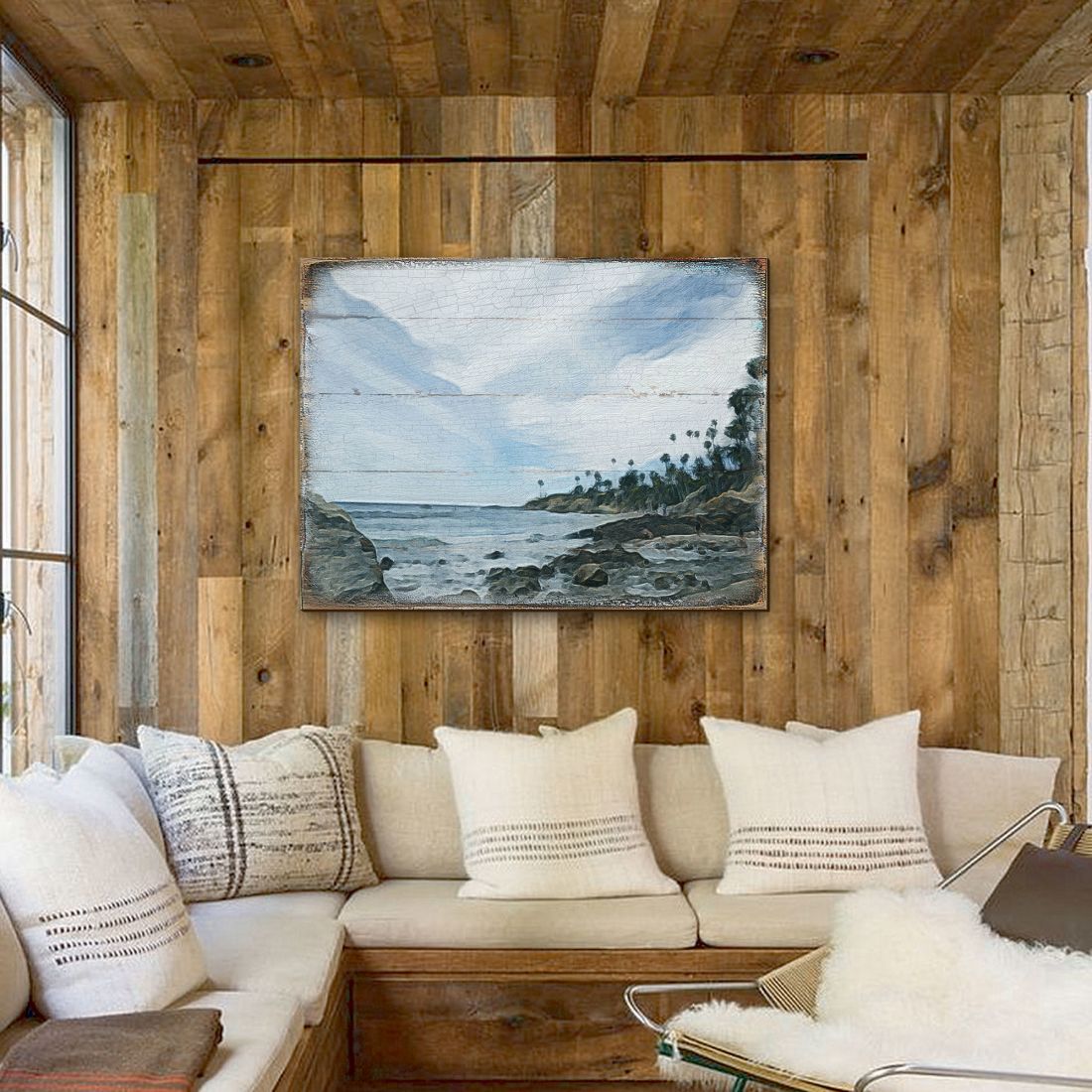 Arte mural costero de madera con diseño de surfista de Nature Wonders - Decoración costera con vida marina - 84578B