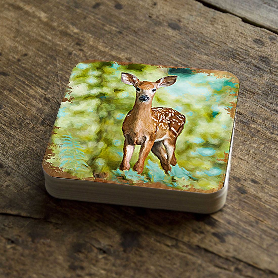 Forest Deer Wooden Cork Coasters Gift Set of 4 by Nature Wonders - Nature Wildlife Decor  - 95290C-S4