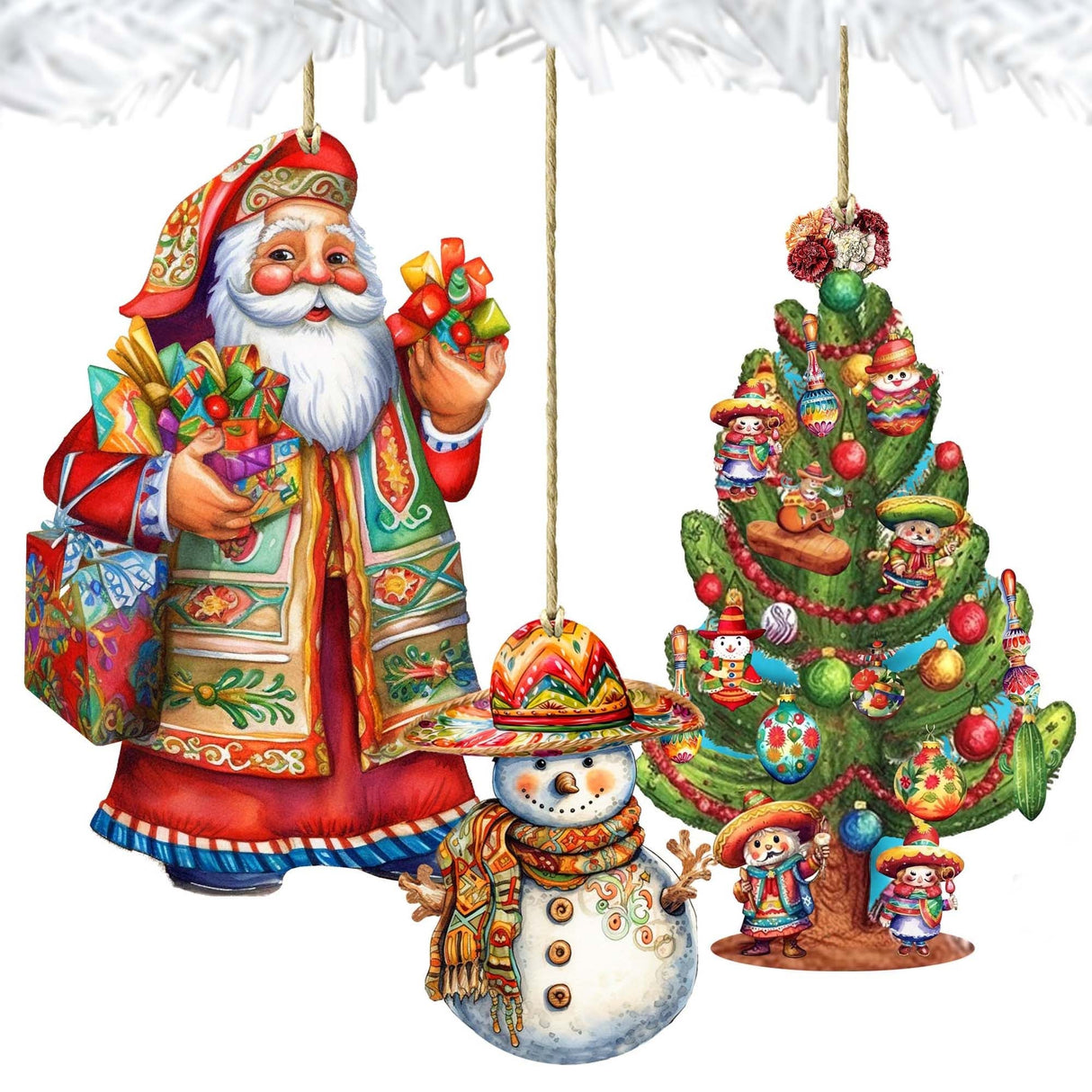 Santas Around the World - Mexican Inspired Santa - Wooden Ornaments Set of 3 by G. DeBrekht Christmas Santa Snowman Decor - 8091308S3