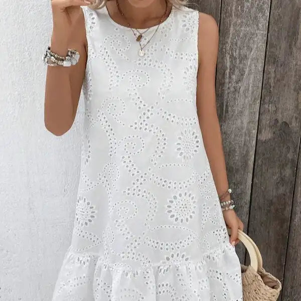 Ladies' Solid Color Vacation Style Hollow Flower Pattern Details Round Neck Off Shoulder Wide Shoulder Strap Mushroom Edge Hanging Pleat Elegant Style Dress - Lootquake