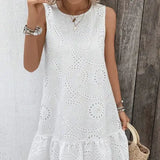 Ladies' Solid Color Vacation Style Hollow Flower Pattern Details Round Neck Off Shoulder Wide Shoulder Strap Mushroom Edge Hanging Pleat Elegant Style Dress - Lootquake