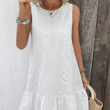 Ladies' Solid Color Vacation Style Hollow Flower Pattern Details Round Neck Off Shoulder Wide Shoulder Strap Mushroom Edge Hanging Pleat Elegant Style Dress - Lootquake