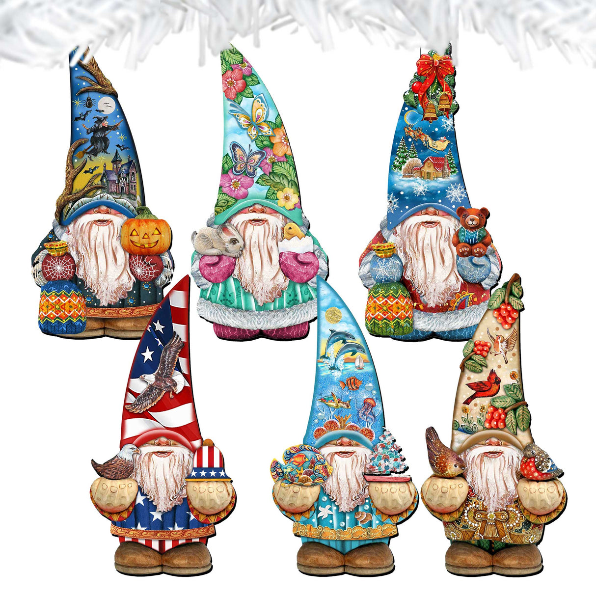Holiday Gnomes Decorative Wooden Clip-on Ornaments Set of 6 by G. Debrekht  - Christmas Decor - 8090138C-S6