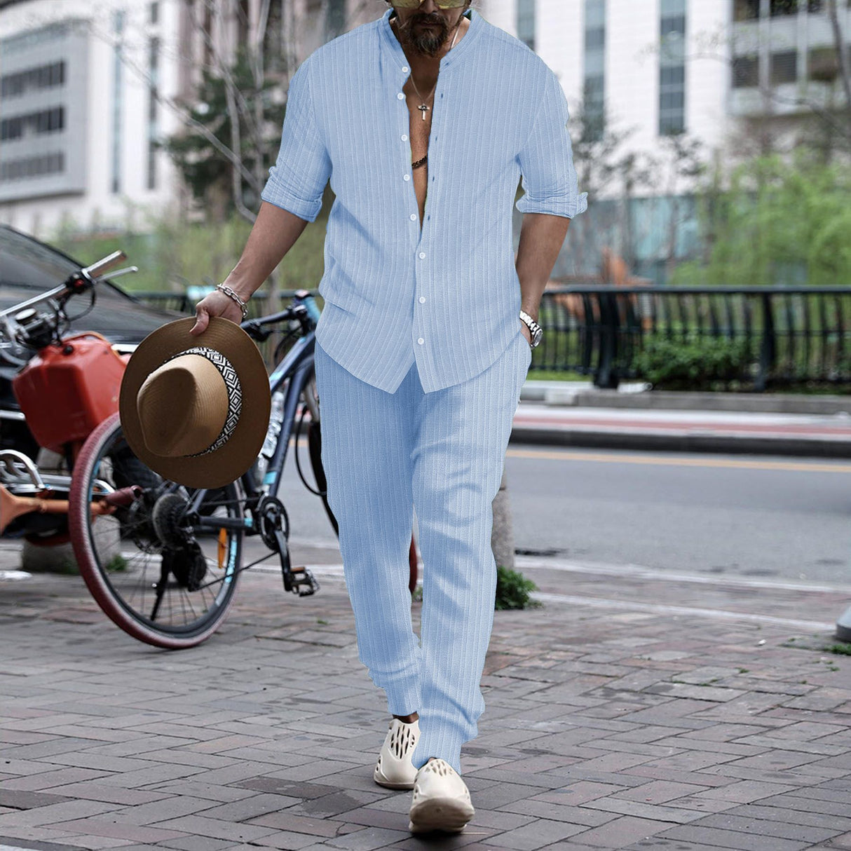 Men's Striped Hengli Collar Shirt Trousers - Lootquake