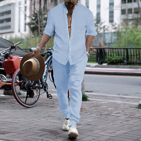 Men's Striped Hengli Collar Shirt Trousers - Lootquake