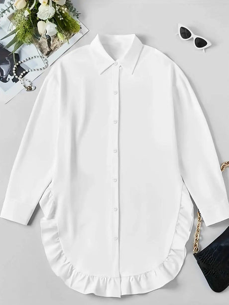 Hem Ruffled Casual Long Sleeve Shirt - Lootquake