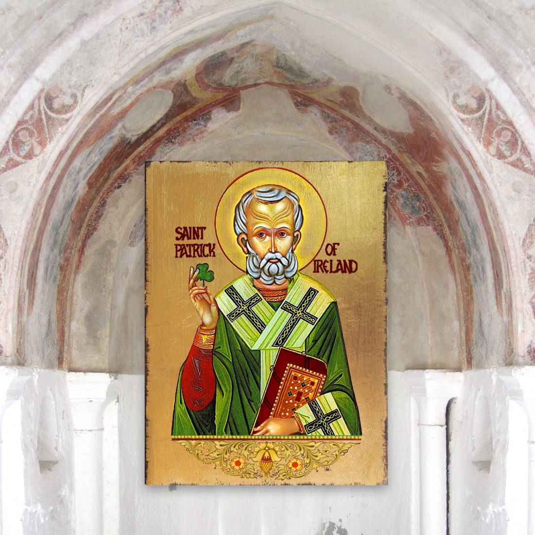 Icono religioso cristiano sagrado de San Patricio de madera bañado en oro - Decoración celta - 85060