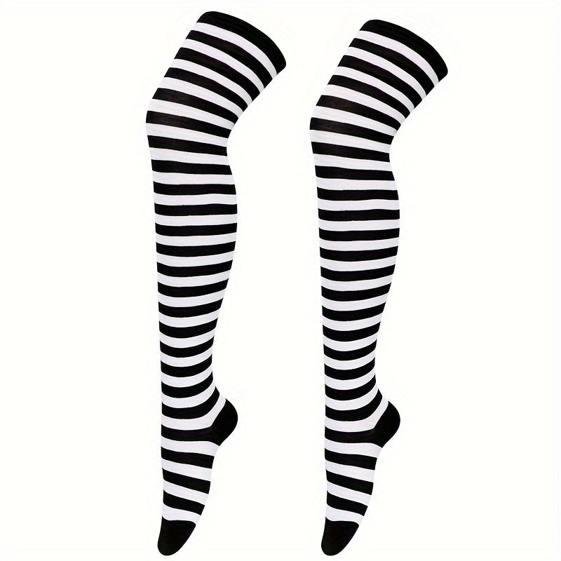 Calcetines hasta la rodilla con rayas vibrantes: calcetines hasta la pantorrilla para mujer, ideales para festivales de música, fiestas de cosplay y cualquier estilo. Medias suaves, elásticas y cómodas para usar todo el día.