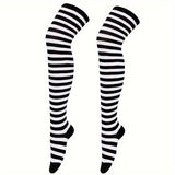 Calcetines hasta la rodilla con rayas vibrantes: calcetines hasta la pantorrilla para mujer, ideales para festivales de música, fiestas de cosplay y cualquier estilo. Medias suaves, elásticas y cómodas para usar todo el día.