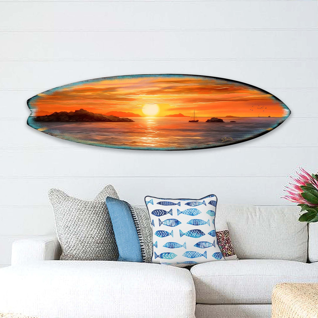 Tabla de surf Sunset Symphony, arte mural costero de G. DeBrekht - Decoración navideña costera - 8490133HS