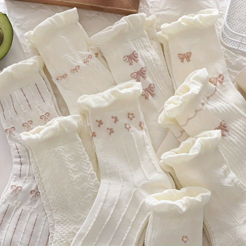 9 pares de calcetines con estampado floral y lazo, bonitos y con volantes, medias y calcetas para mujer