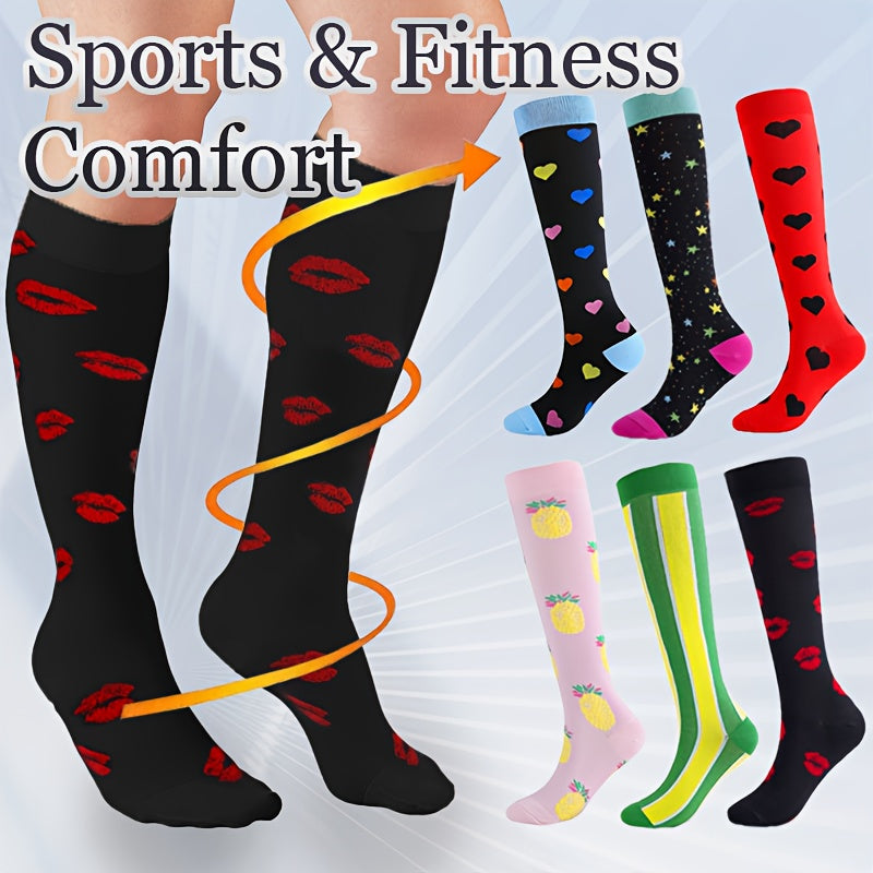 1 Pair of Stylish Striped Compression Socks for Women - Breathable, Comfortable, and Protective Ankle and Calf Support for All-Season Wear - Hand Wash Only, Nylon Blend Knit Fabric