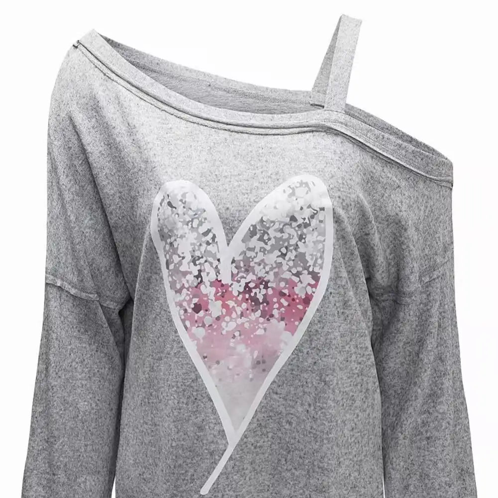Ladies' Heart-shaped Cherry Blossom Graphic Print Asymmetric Dewdrop Shoulder Top Long Sleeved Shirt - Lootquake