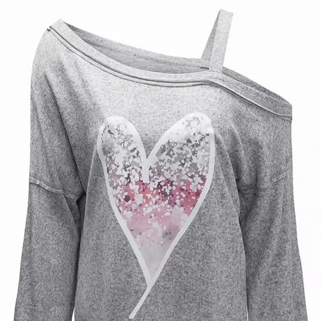 Ladies' Heart-shaped Cherry Blossom Graphic Print Asymmetric Dewdrop Shoulder Top Long Sleeved Shirt - Lootquake