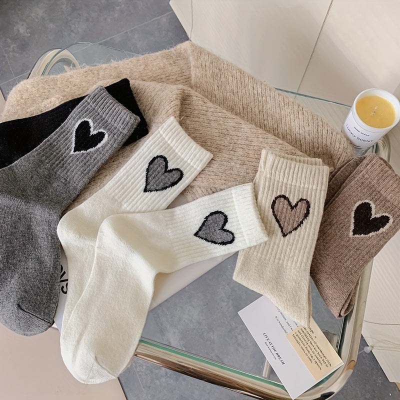 Lot de 3/5 paires de chaussettes côtelées à motif cœur, chaussettes mi-hautes confortables et douces, bas et collants pour femmes
