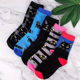 5 Pairs Personality Black Cat Cartoon Print Medium Tube Socks For Womens Gifts, Cute Comfy Warm Socks Birthday Gifts