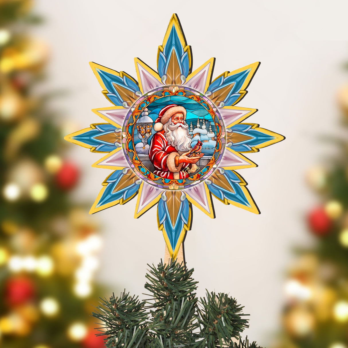 Santa with Cardinal Star Tree Topper Wooden Decor by G. Debrekht - Santa Snowman Decor - 89507