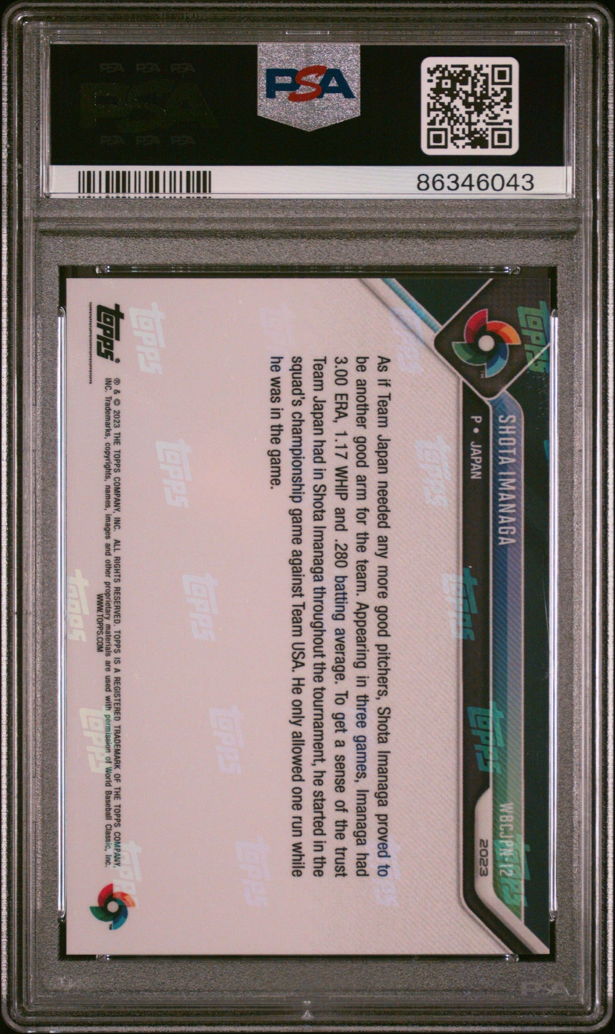 Tarjeta de béisbol RC de novato del equipo de campeones del WBC, clasificada 2023 Topps Now Shota Imanaga #WBCJPN12, PSA 10 Gem Mint