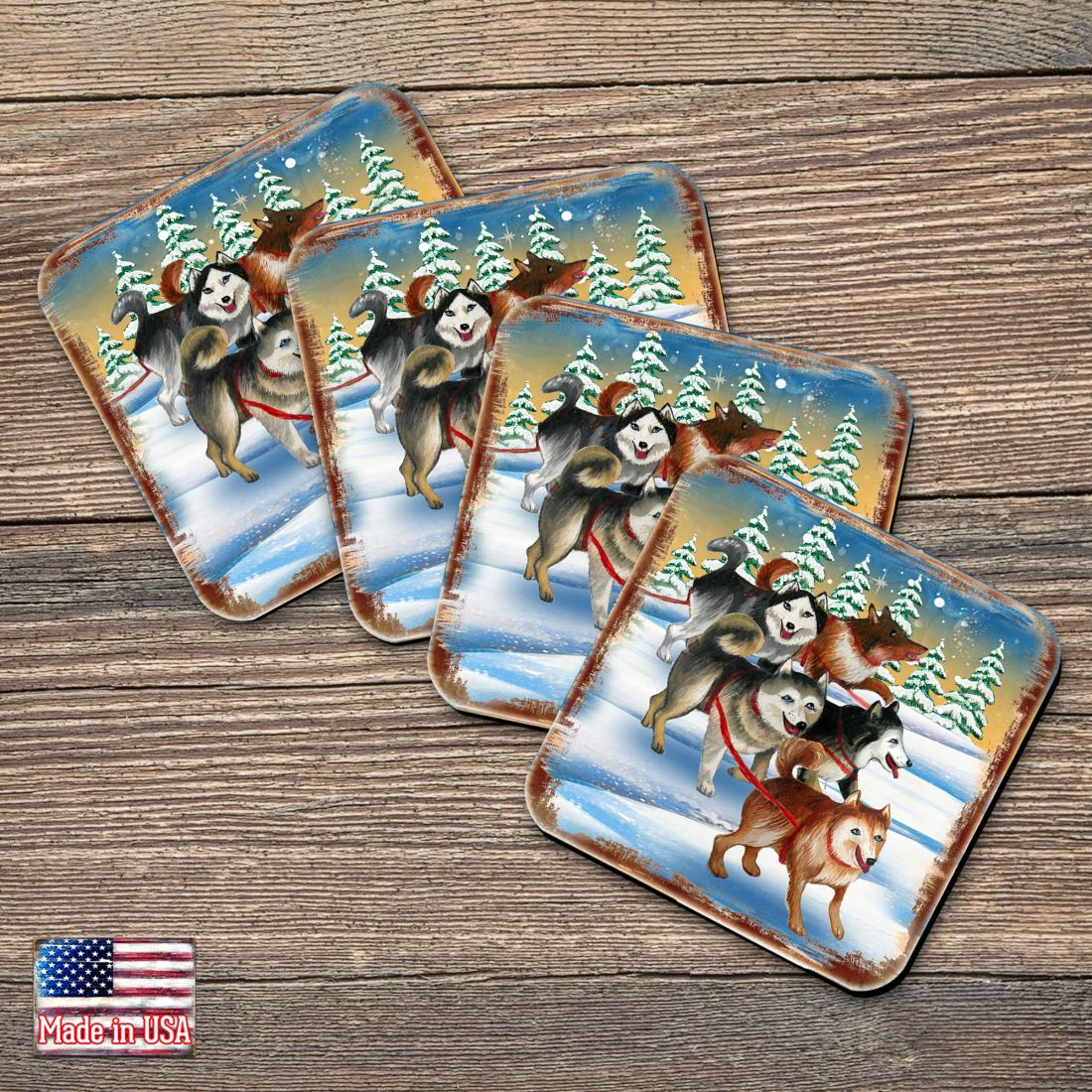 Juego de 4 posavasos de corcho de madera con diseño de huskies de Nature Wonders - Decoración de vida silvestre - 95378C-S4