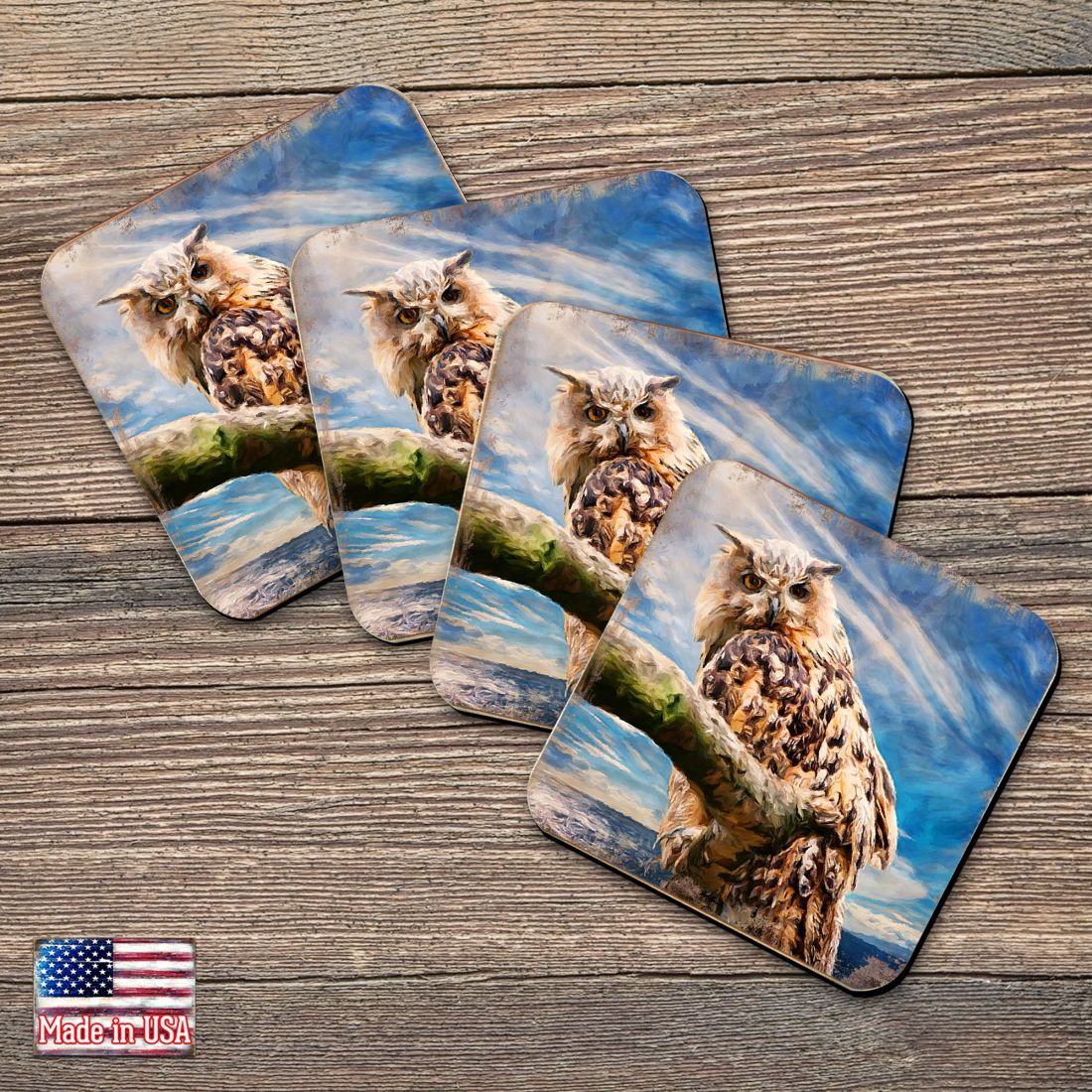 Owl Wooden Cork Coasters Gift Set of 4 by Nature Wonders - Nature Wildlife Decor  - 95371C-S4