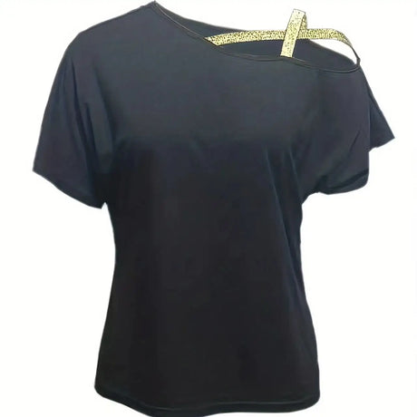 Women's Sequined Gold Shoulder Strap Off Shoulder Cross Off Shoulder Short Sleeved Tie Up T-shirt Top Shirt - Lootquake