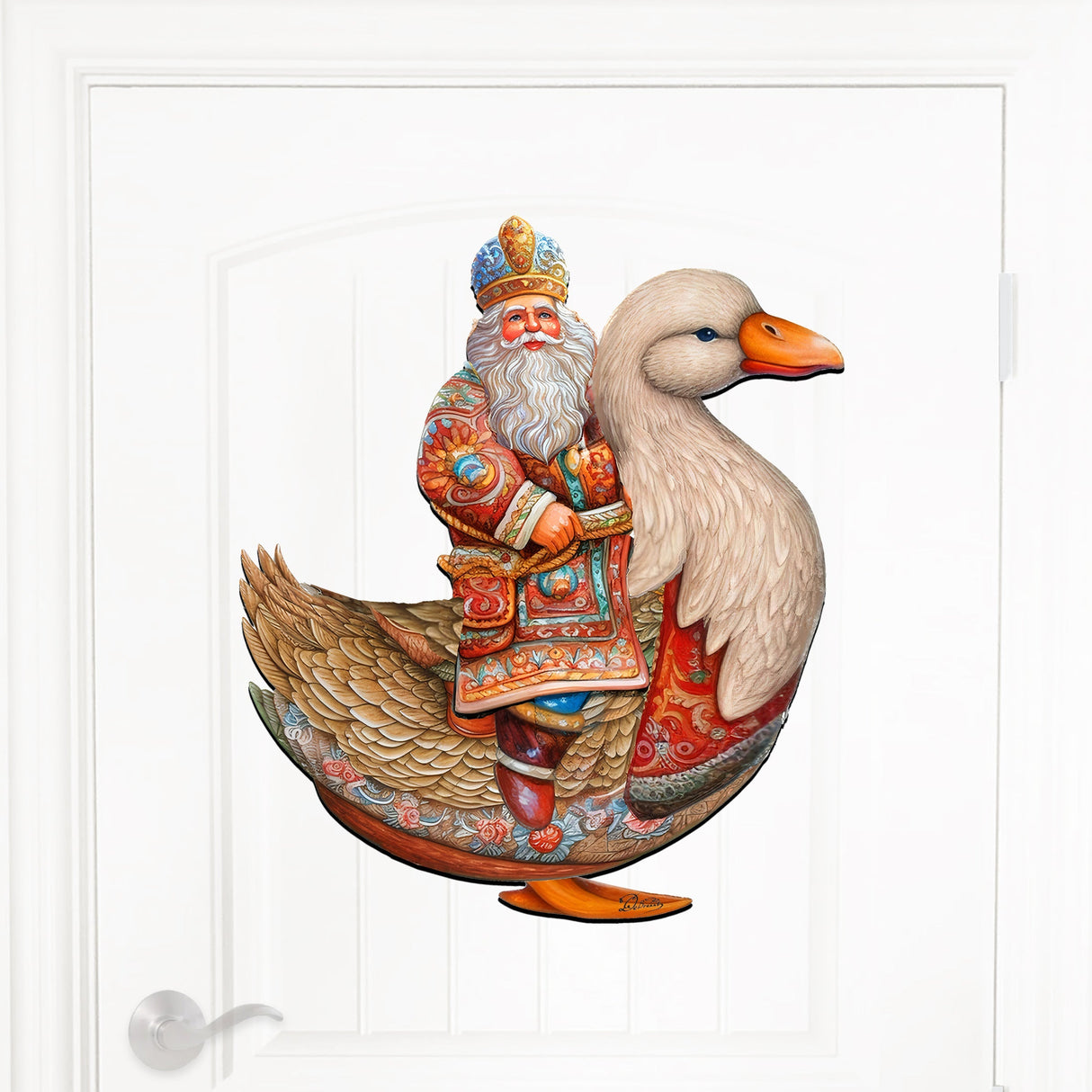 Charming Santa Riding Goose Holiday Door Decor by G. Debrekht - Christmas Santa Snowman Decor - 8611063H