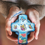 Blue Butterflies Cross Glass Ornament by G. DeBrekht - Nativity Holiday Decor - 758-003
