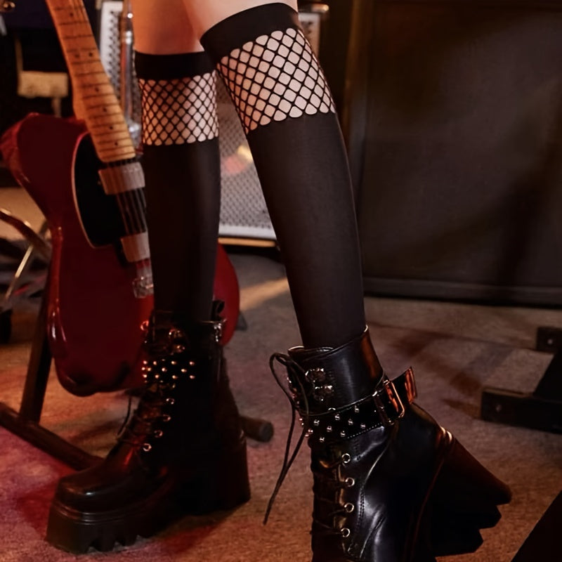 Calcetines de rejilla con patchwork hasta la pantorrilla, calcetines hasta la rodilla estilo universitario JK, medias y calcetería para mujer