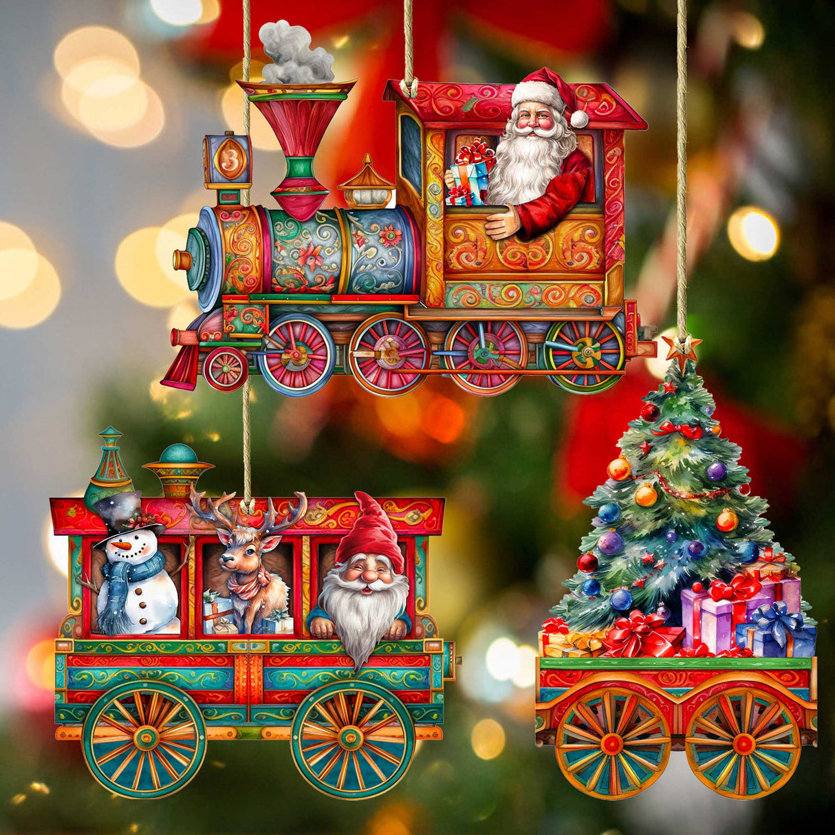 Santa's Train Wooden Ornaments Set of 3 by G. Debrekht - Christmas Decor - 8100199S3