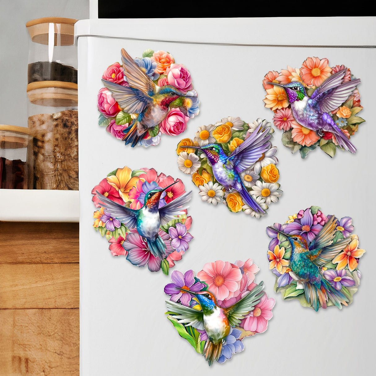 Juego de 6 imanes decorativos de madera con forma de colibrí de G. Debrekht - Decoración de vida silvestre - 8090140G-S6