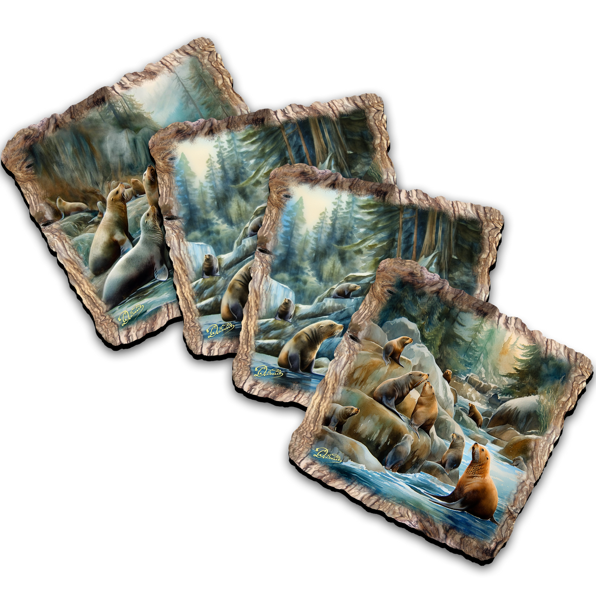 Charming Sea Lions Wooden Cork Coasters Gift Set of 4 by Nature Wonders Coastal Wildlife Decor  - 95387C-S4